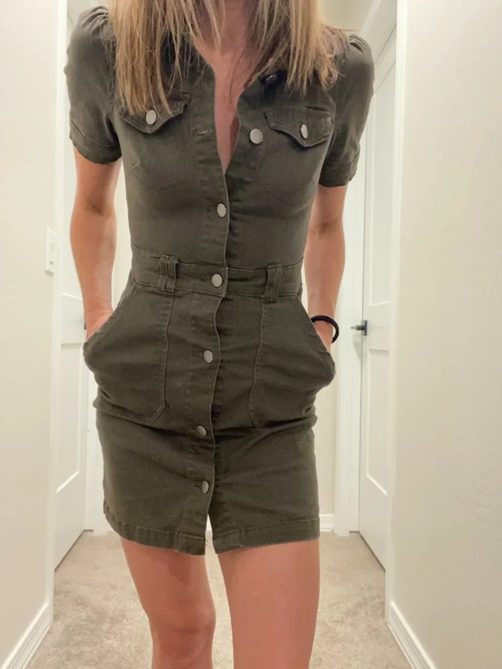 Utility Dress XS Military Olive Green Safari Button Front Mini Dress TinselTown